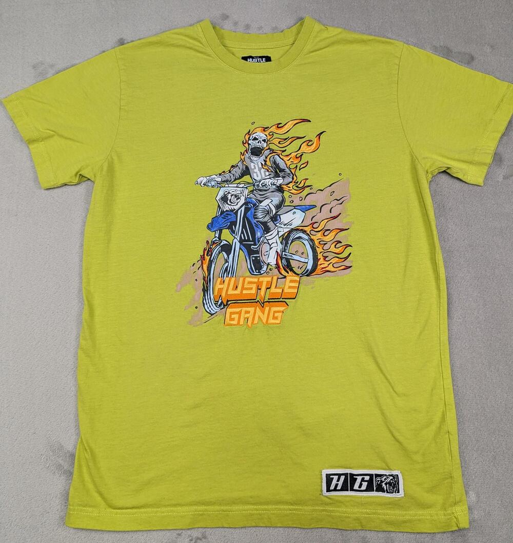 Hustle Gang Shirt Mens Large Yellow Skull Motorcycle Flames Tee Streetwear READ